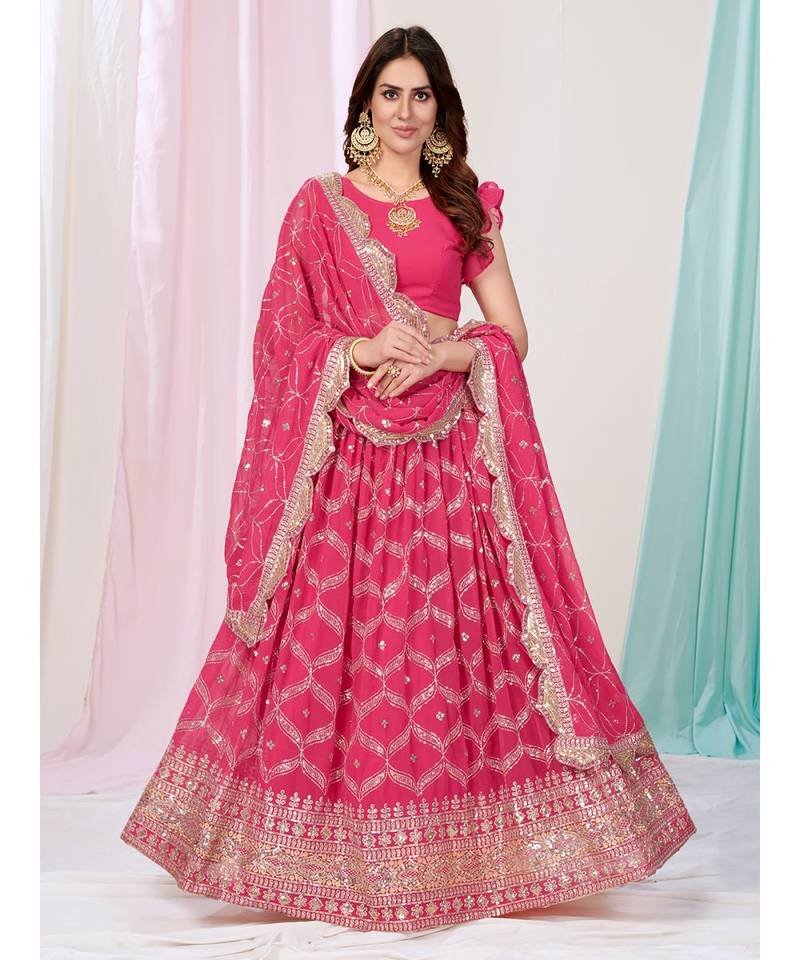 Bubblegum Pink Sequence Embroidered Georgette Lehenga Choli