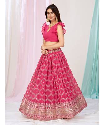 Bubblegum Pink Sequence Embroidered Georgette Lehenga Choli 1