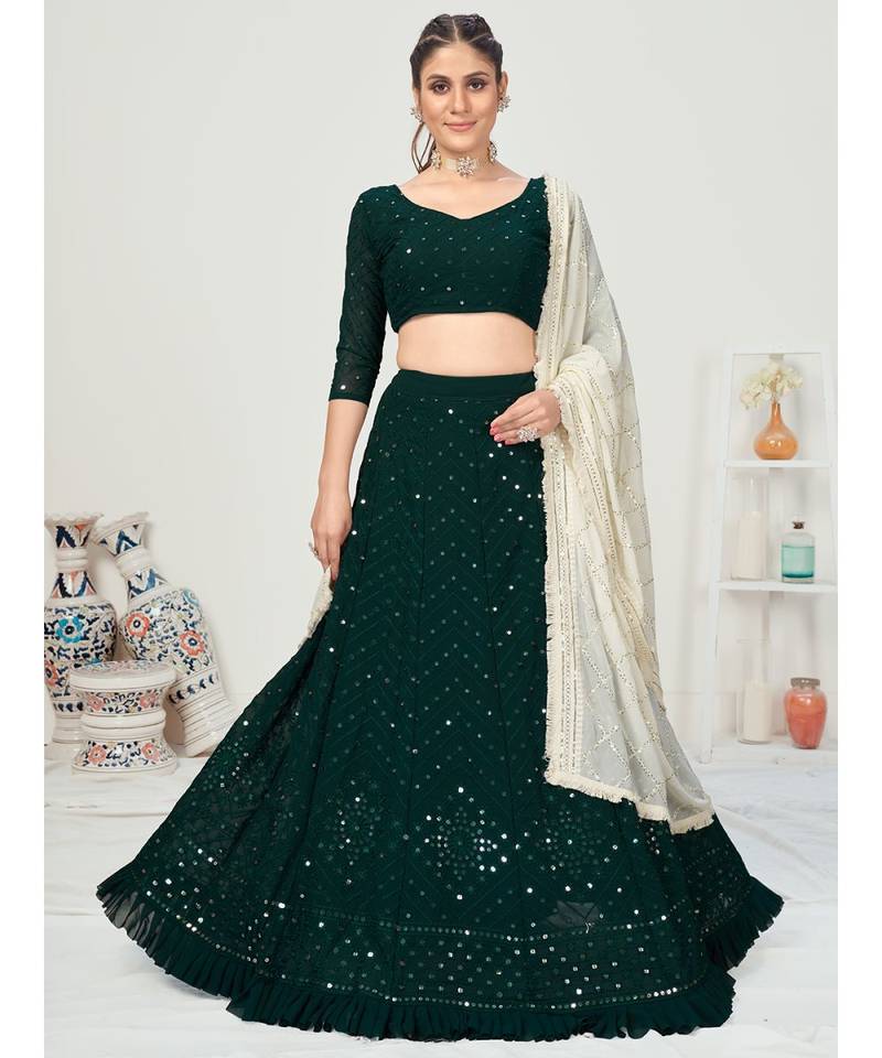 Bottle Green Georgette Lehenga Choli With Contrast Dupata