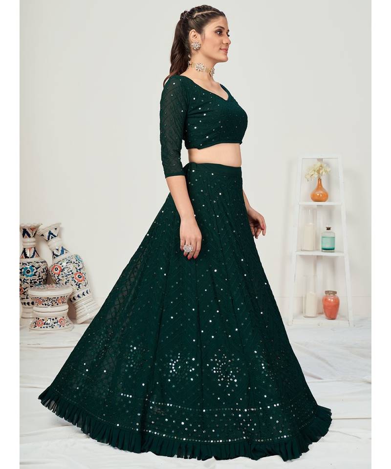Bottle Green Georgette Lehenga Choli With Contrast Dupata