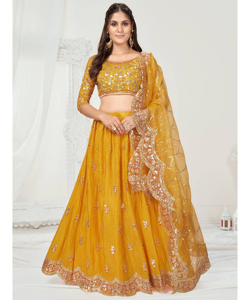 Sunshine Yellow Georgette Pleated Worked Lehenga Choli