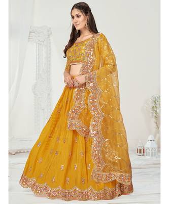 Sunshine Yellow Georgette Pleated Worked Lehenga Choli 1