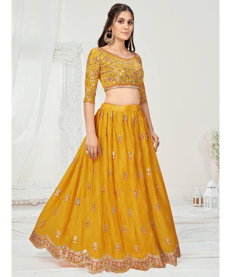 Sunshine Yellow Georgette Pleated Worked Lehenga Choli