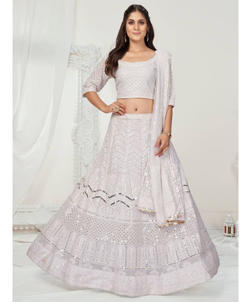 Ice White Poly Chinon Chiffon Luxurious Lehenga Choli