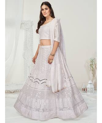 Ice White Poly Chinon Chiffon Luxurious Lehenga Choli 1