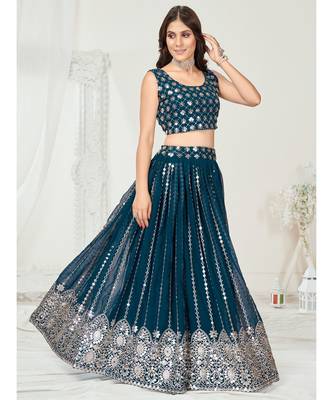 Rama Blue Golden Thread Georgette Lehenga Choli 6