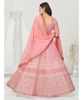 Melon Pink Thread Embroidered Georgette Lehenga Choli 3