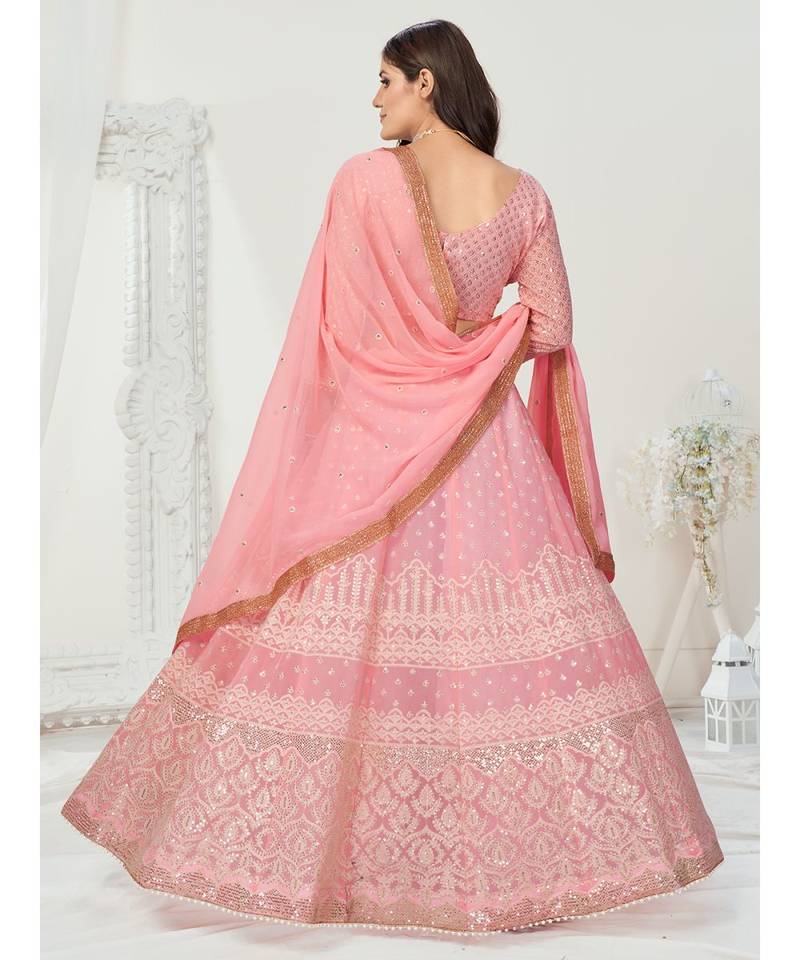 Melon Pink Thread Embroidered Georgette Lehenga Choli