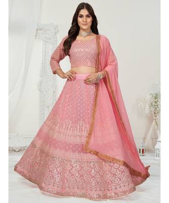 Melon Pink Thread Embroidered Georgette Lehenga Choli 1