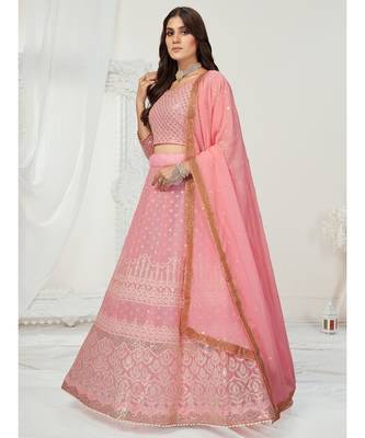 Melon Pink Thread Embroidered Georgette Lehenga Choli 4