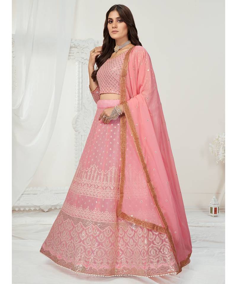 Melon Pink Thread Embroidered Georgette Lehenga Choli