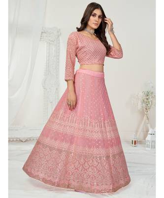 Melon Pink Thread Embroidered Georgette Lehenga Choli 5