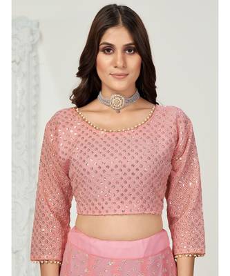 Melon Pink Thread Embroidered Georgette Lehenga Choli 6
