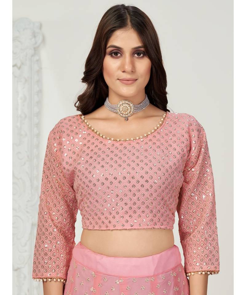 Melon Pink Thread Embroidered Georgette Lehenga Choli