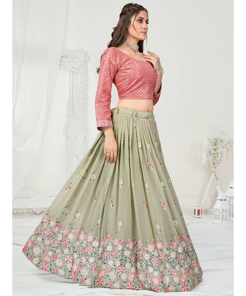 Moss Green Sequence Embroidered Georgette Lehenga Choli