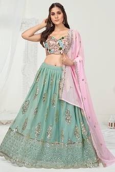 Ice Blue or Pink Sequence Worked Lehenga Choli