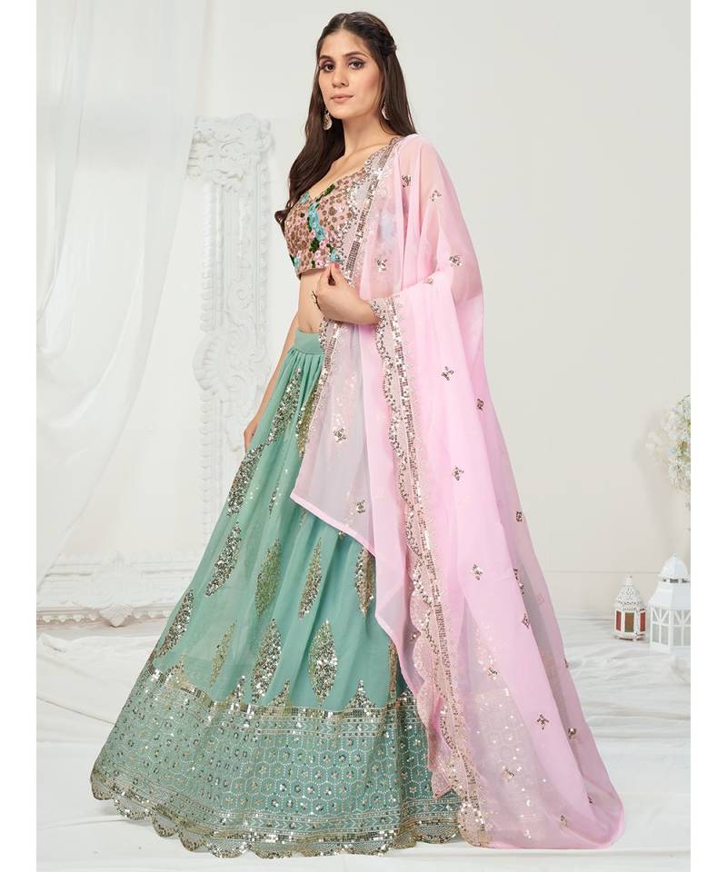 Ice Blue or Pink Sequence Worked Lehenga Choli