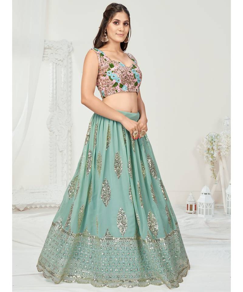 Ice Blue or Pink Sequence Worked Lehenga Choli