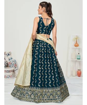 Deep Peacock Blue Sequence Georgette Lehenga Choli 3