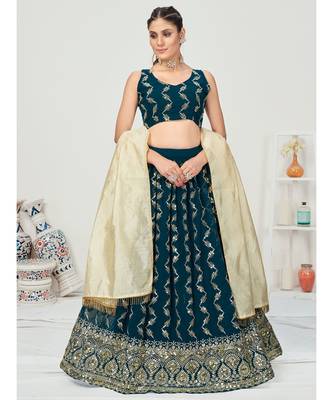 Deep Peacock Blue Sequence Georgette Lehenga Choli 1