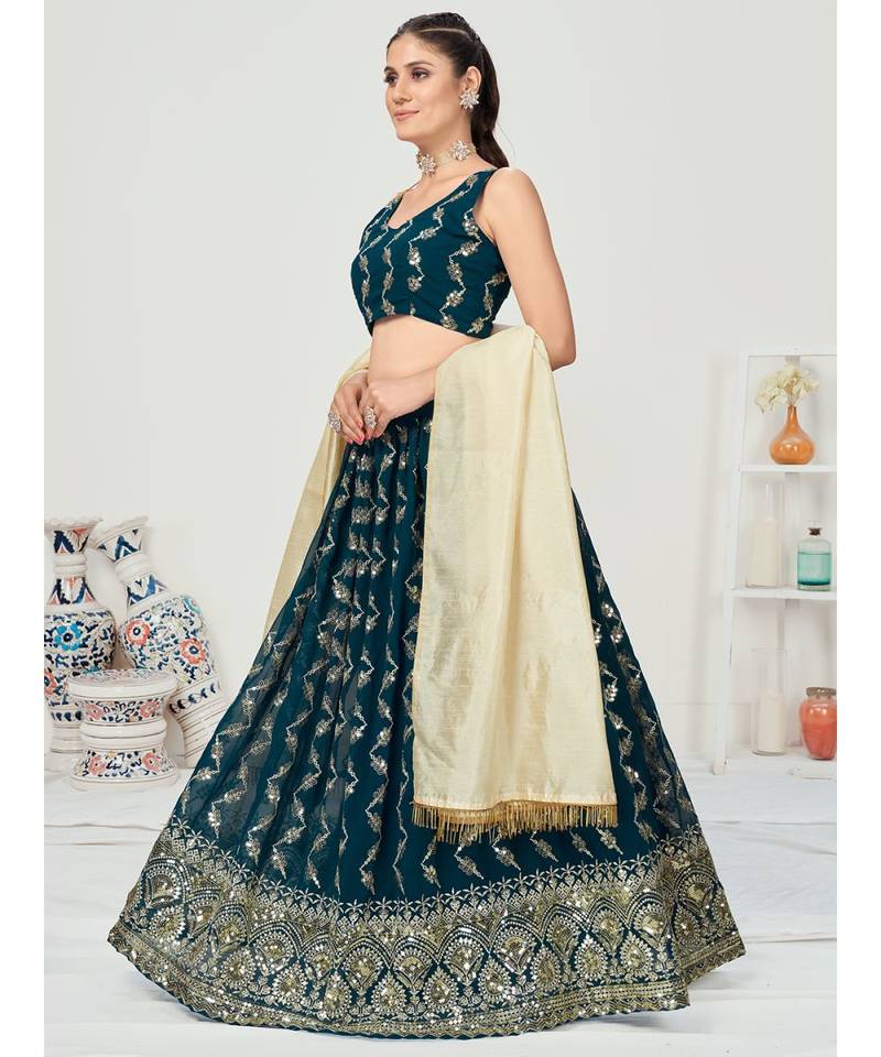 Deep Peacock Blue Sequence Georgette Lehenga Choli