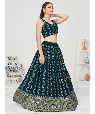 Deep Peacock Blue Sequence Georgette Lehenga Choli 5