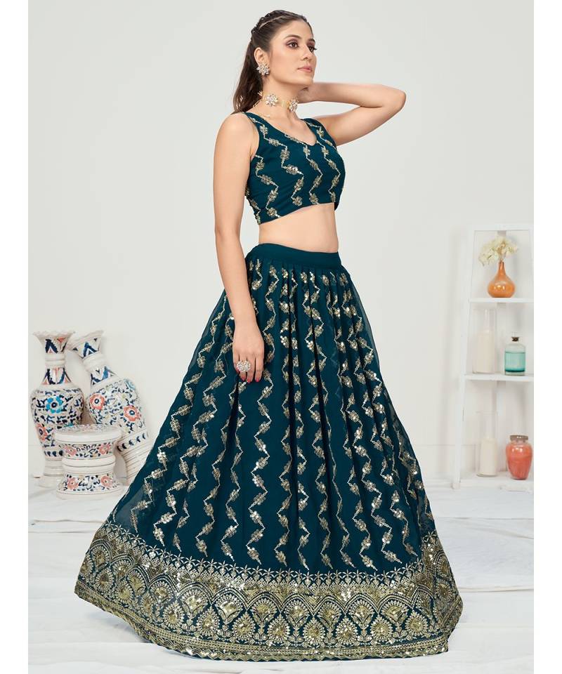 Deep Peacock Blue Sequence Georgette Lehenga Choli