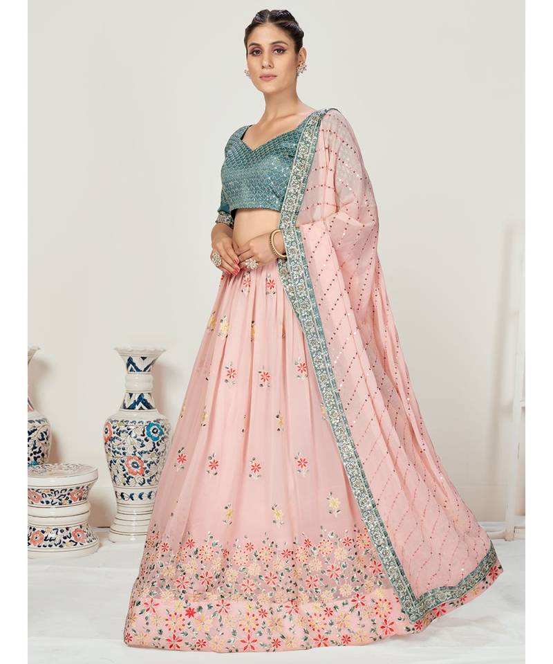 Baby Pink Floral Worked Georgette Lehenga Choli