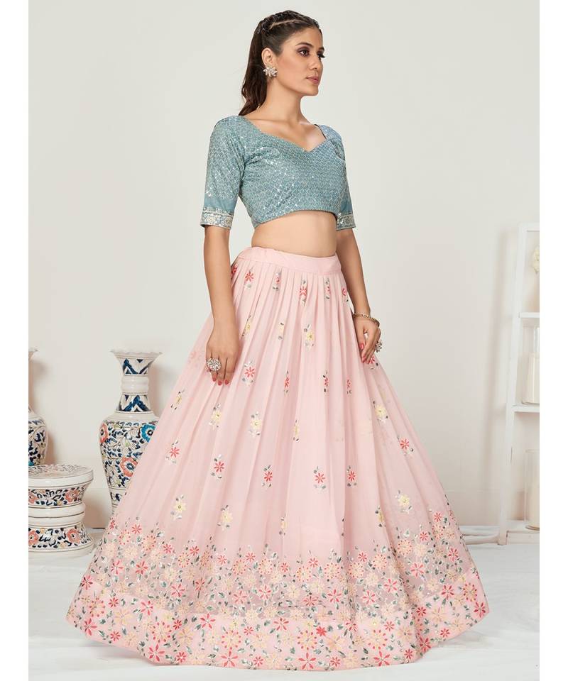 Baby Pink Floral Worked Georgette Lehenga Choli