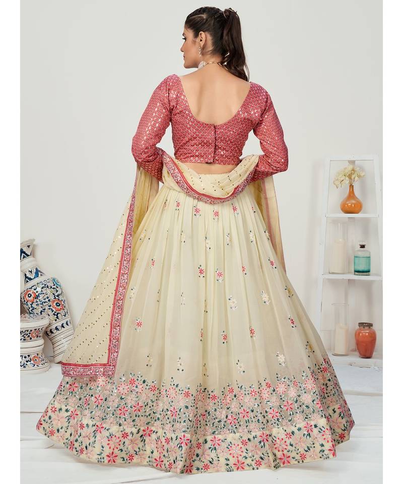 Creamy White Floral Worked Georgette Lehenga Choli