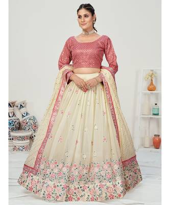 Creamy White Floral Worked Georgette Lehenga Choli 1