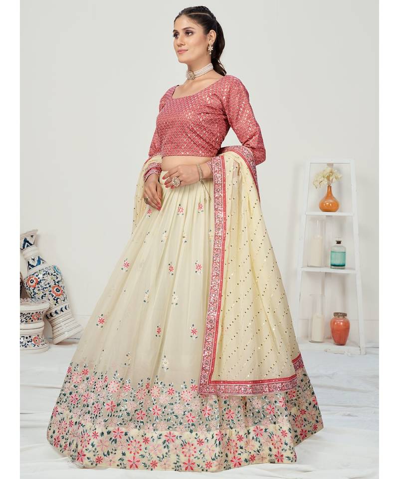Creamy White Floral Worked Georgette Lehenga Choli
