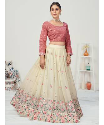 Creamy White Floral Worked Georgette Lehenga Choli 5