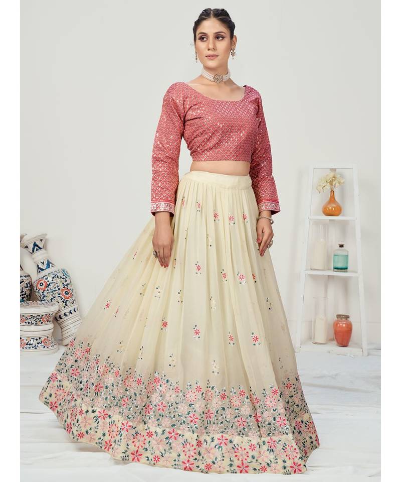 Creamy White Floral Worked Georgette Lehenga Choli