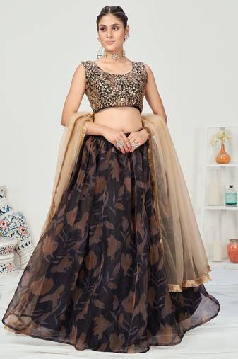 Black Digital Printed Organza Lehenga Choli