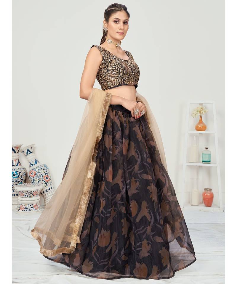 Black Digital Printed Organza Lehenga Choli