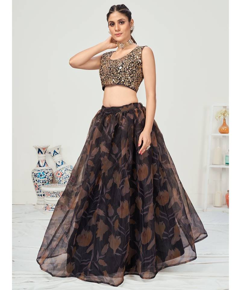 Black Digital Printed Organza Lehenga Choli