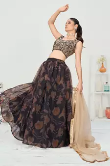 Black Digital Printed Organza Lehenga Choli