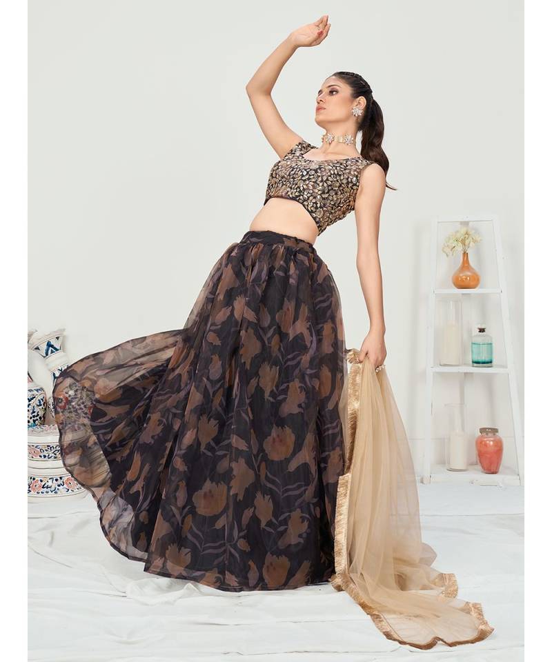 Black Digital Printed Organza Lehenga Choli