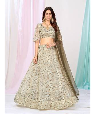 Creamy White Flower Print Sequnce Lycra Cotton Lehenga Choli 1