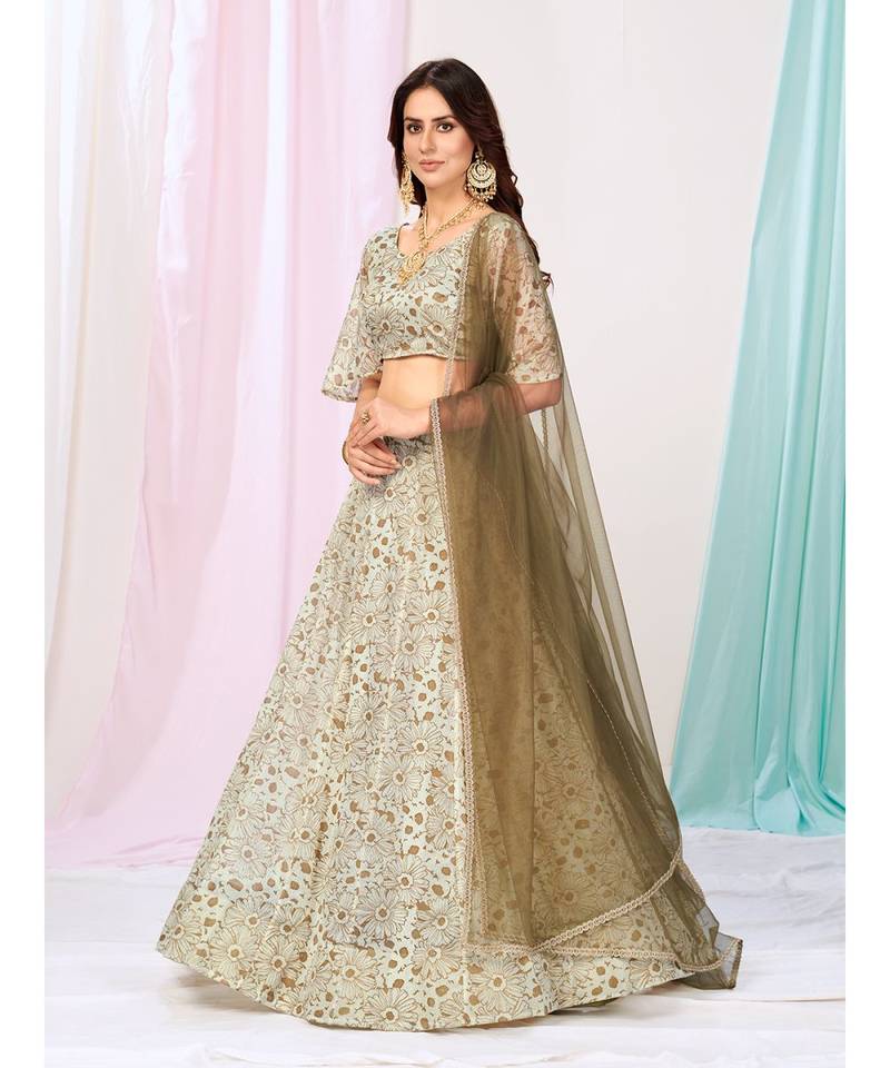 Creamy White Flower Print Sequnce Lycra Cotton Lehenga Choli