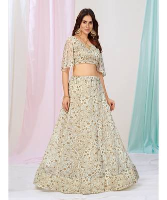 Creamy White Flower Print Sequnce Lycra Cotton Lehenga Choli 3