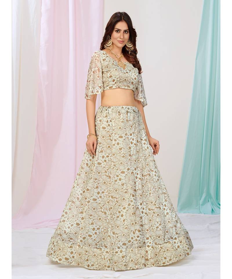 Creamy White Flower Print Sequnce Lycra Cotton Lehenga Choli