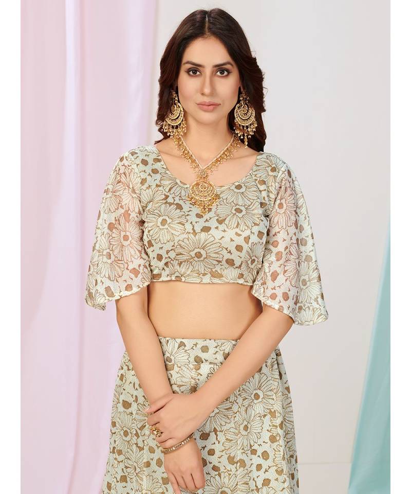 Creamy White Flower Print Sequnce Lycra Cotton Lehenga Choli