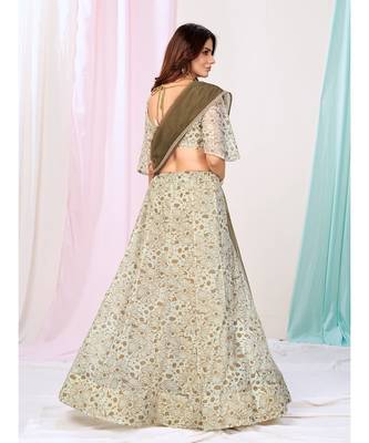Creamy White Flower Print Sequnce Lycra Cotton Lehenga Choli 5