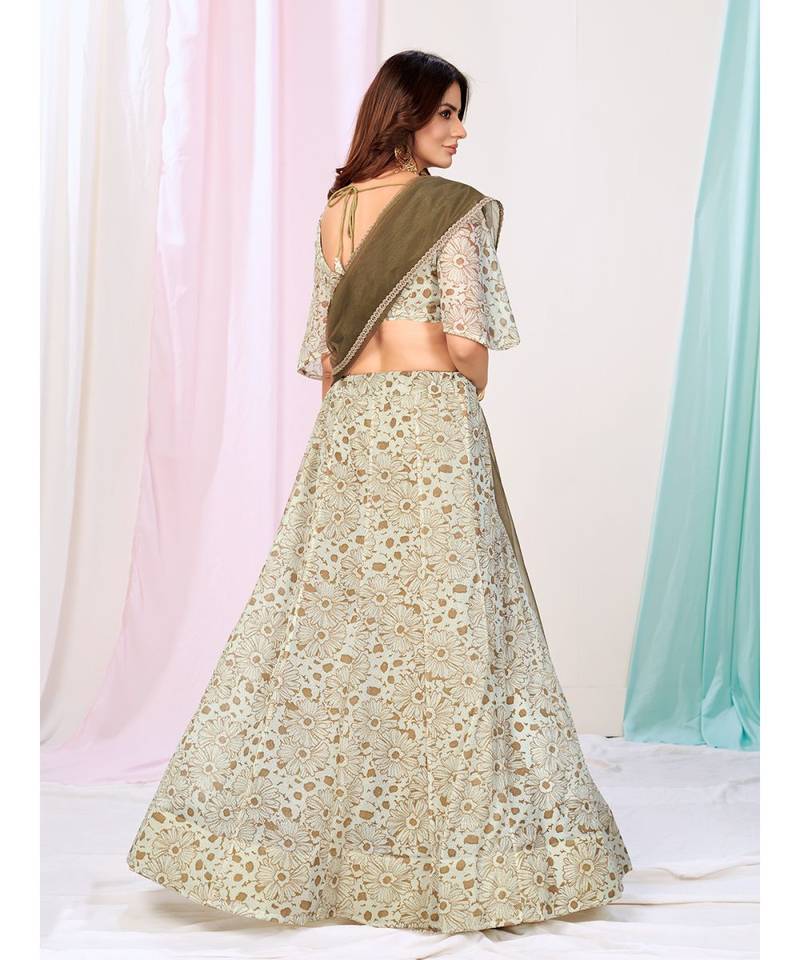 Creamy White Flower Print Sequnce Lycra Cotton Lehenga Choli
