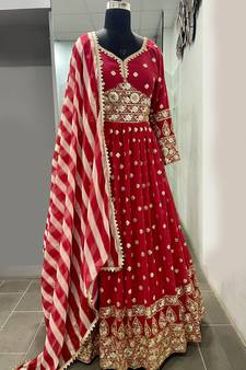 Mesmerizing Red Colored Digital Printed Embellished With Sequins, Zari And Foil Mirror Work Georgette Party Wear Gown