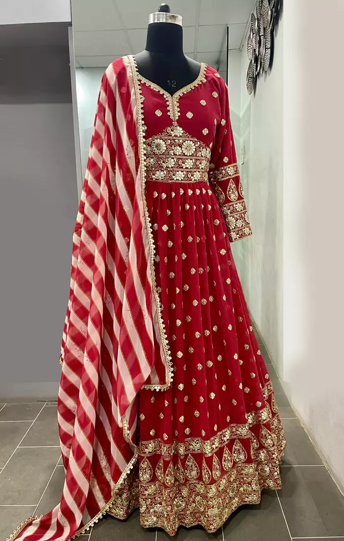 MESMERIZING RED COLORED DIGITAL PRINTED EMBELLISHED WITH SEQUINS, ZARI AND FOIL MIRROR WORK GEORGETTE PARTY WEAR GOWN