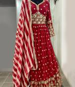 Mesmerizing Red Colored Digital Printed Embellished With Sequins, Zari And Foil Mirror Work Georgette Party Wear Gown