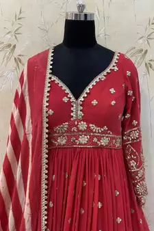 Mesmerizing Red Colored Digital Printed Embellished With Sequins, Zari And Foil Mirror Work Georgette Party Wear Gown
